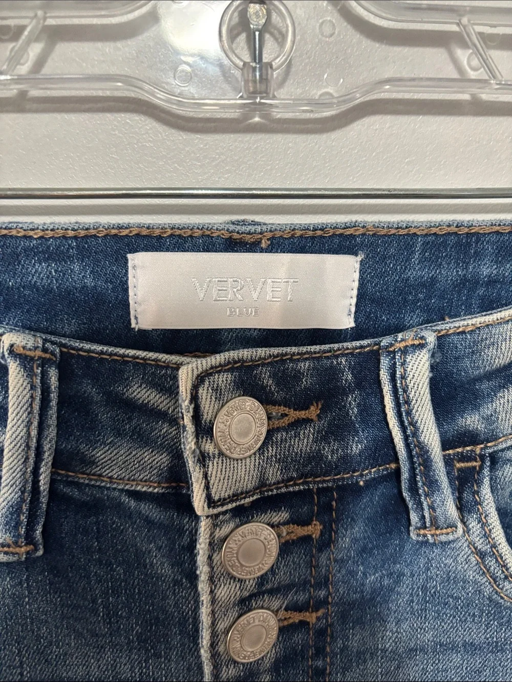 VERVET Blue High Rise Button Fly Distressed Flare Jeans Raw Hem Size 26